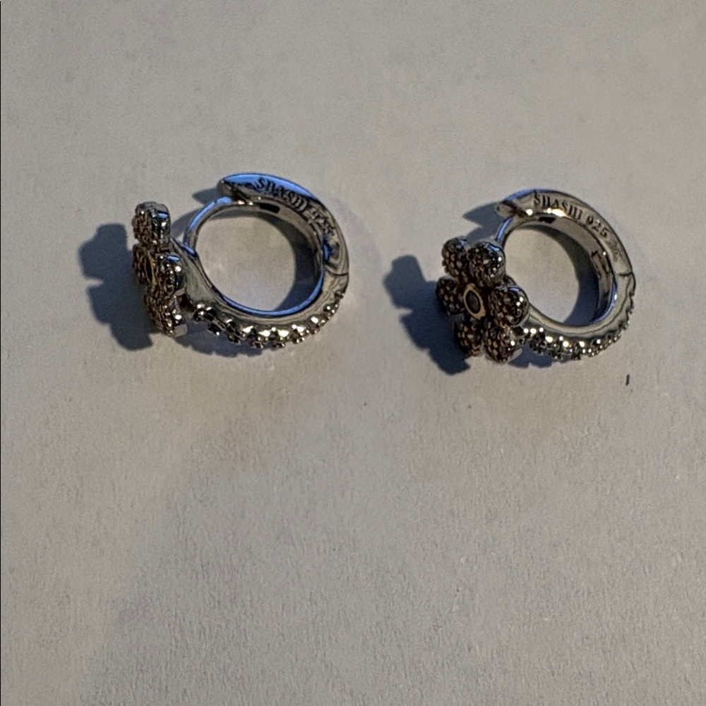 SHASHI Silver Plated Pave Floral Huggie Petite Earrings - Picture 7 of 8